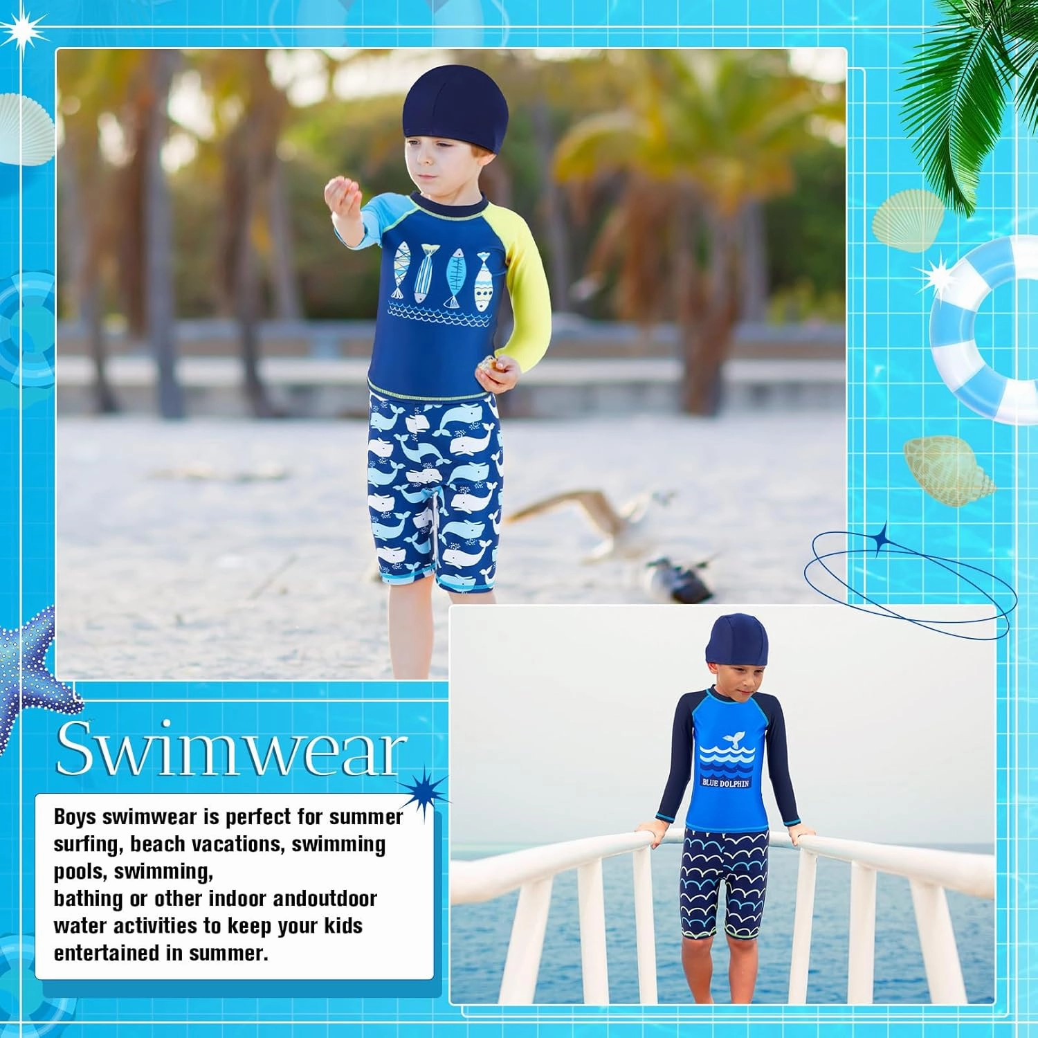 2 Set Boys Two Piece Rash Guard Swimsuits Kids Long Sleeve Sunsuit Swimwear Sets