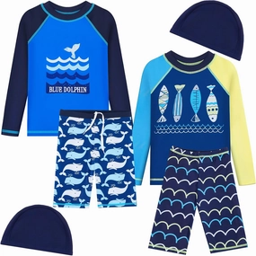 2 Set Boys Two Piece Rash Guard Swimsuits Kids Long Sleeve Sunsuit Swimwear Sets
