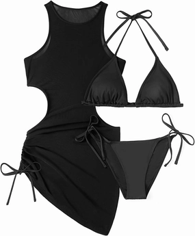 3 Piece Swimsuits Women Bikini Sets with Cover Up Halter Bathing Suit Set Sexy Cutout Coverup