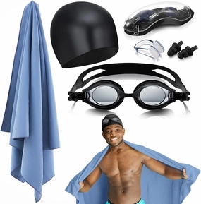 5 in 1 Swimming Set for Men, Swimming Kit Includes Swim Goggles, Nose Clip, Earplugs, Swim Cap, Quick Dry Towel, Father's Day Birthday Gifts from Daughter, Son, Wife
