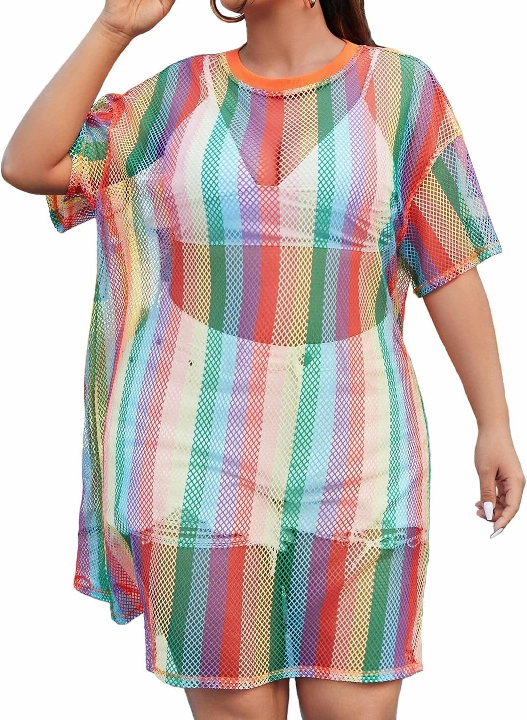 840 - Crochet Fishnet Lace Plus Size Beach Swim Cover Up Top Summer Dress