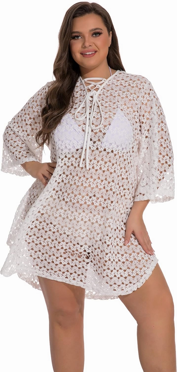 840 - Crochet Fishnet Lace Plus Size Beach Swim Cover Up Top Summer Dress