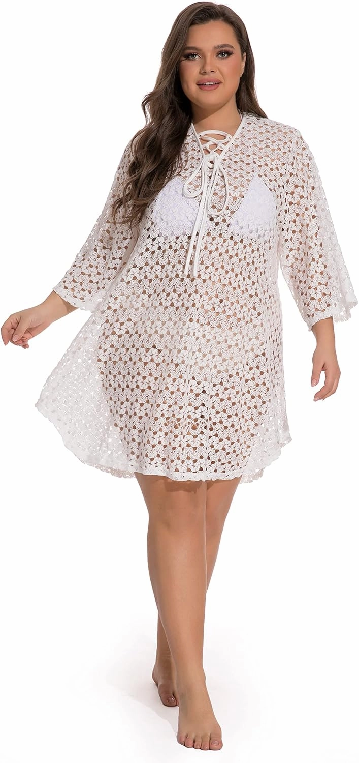 840 - Crochet Fishnet Lace Plus Size Beach Swim Cover Up Top Summer Dress
