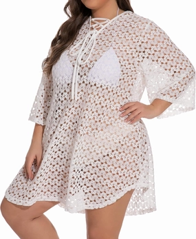 840 - Crochet Fishnet Lace Plus Size Beach Swim Cover Up Top Summer Dress