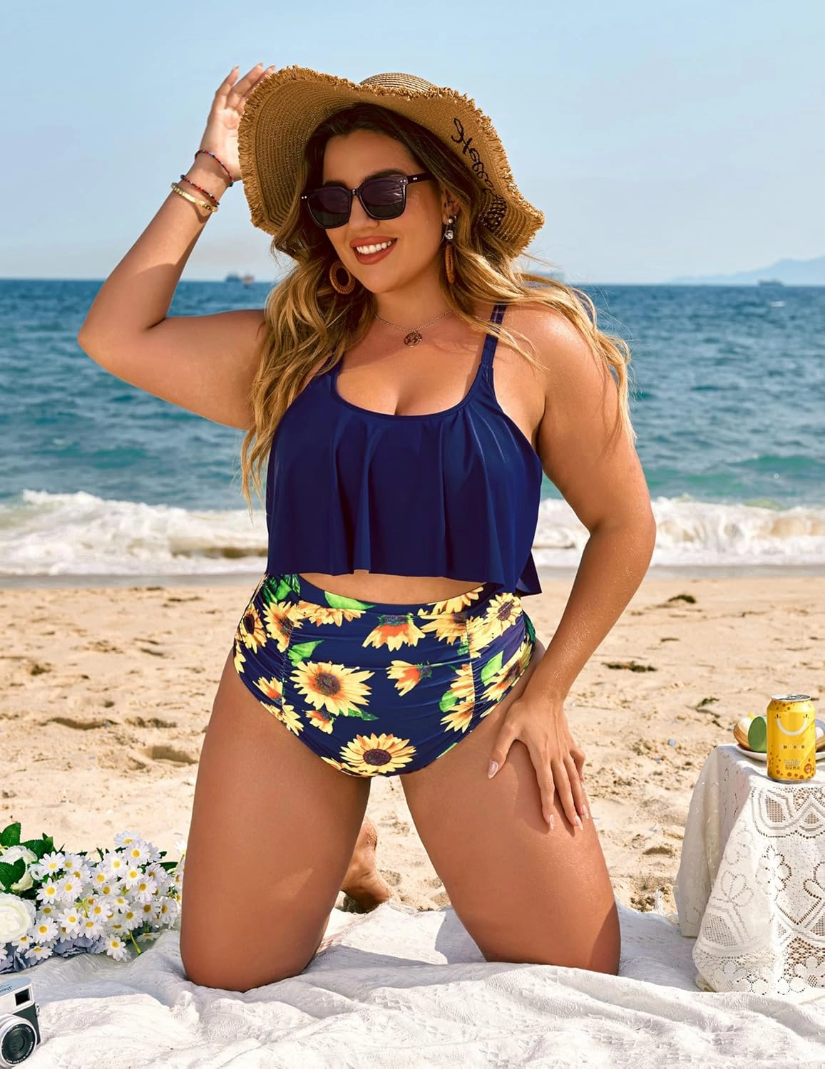 ADOME Women Bikini Set Tummy Control Swimsuit Two Piece High Waist Floral Swimwear Plus Size