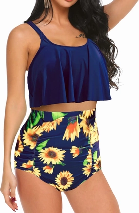 ADOME Women Bikini Set Tummy Control Swimsuit Two Piece High Waist Floral Swimwear Plus Size