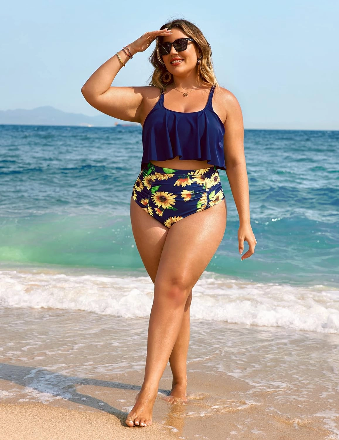 ADOME Women Bikini Set Tummy Control Swimsuit Two Piece High Waist Floral Swimwear Plus Size