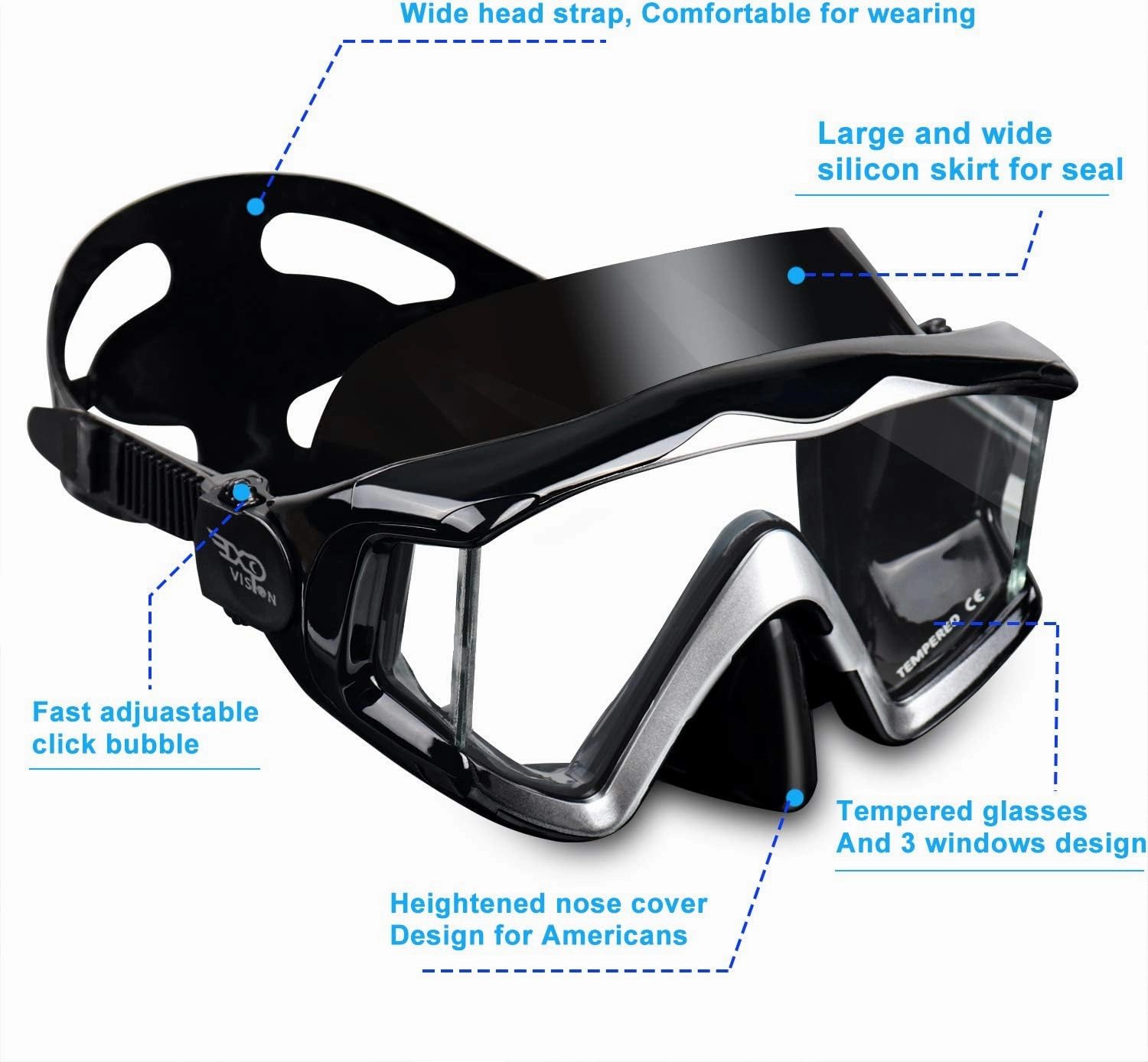 Adult Pano 3 Scuba Diving Mask, Tempered Glass Snorkel Mask Anti-Fog Swim Mask No Leakage Swim Goggles with Nose Cover Snorkeling Gear for Snorkeling, Freediving, Swimming