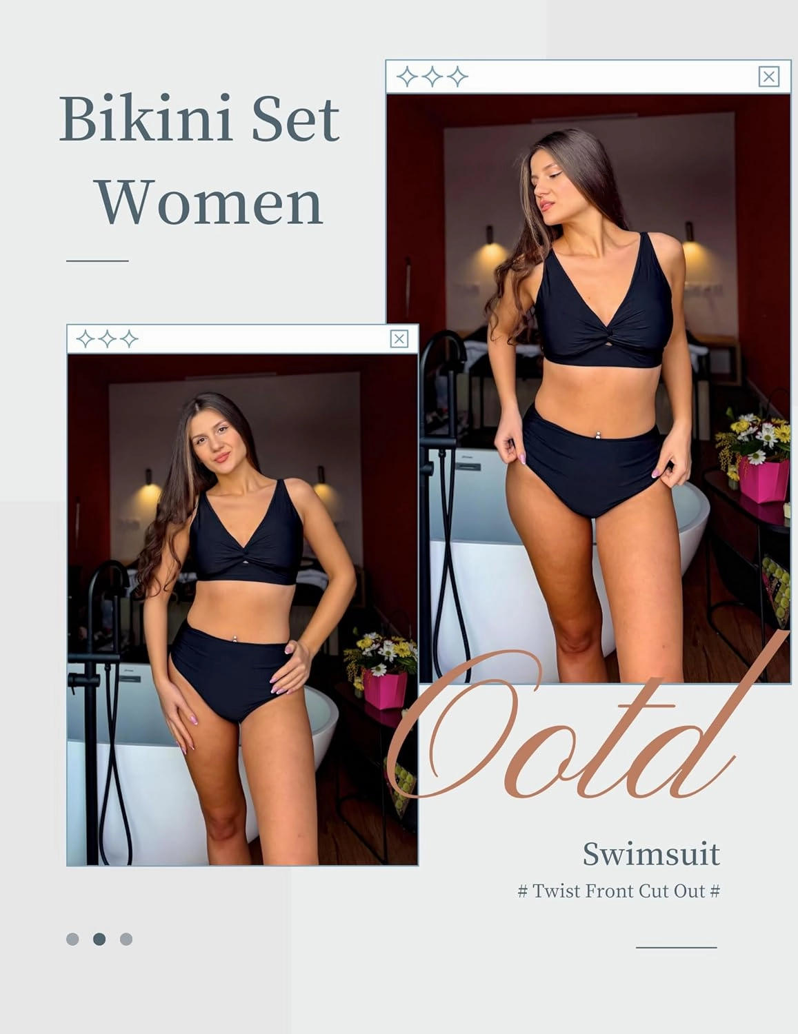 AI'MAGE Bikini Set for Women Ruched High Waisted Two Piece Swimsuit Twist Front Cut Out Adjustable Straps Bathing Suit