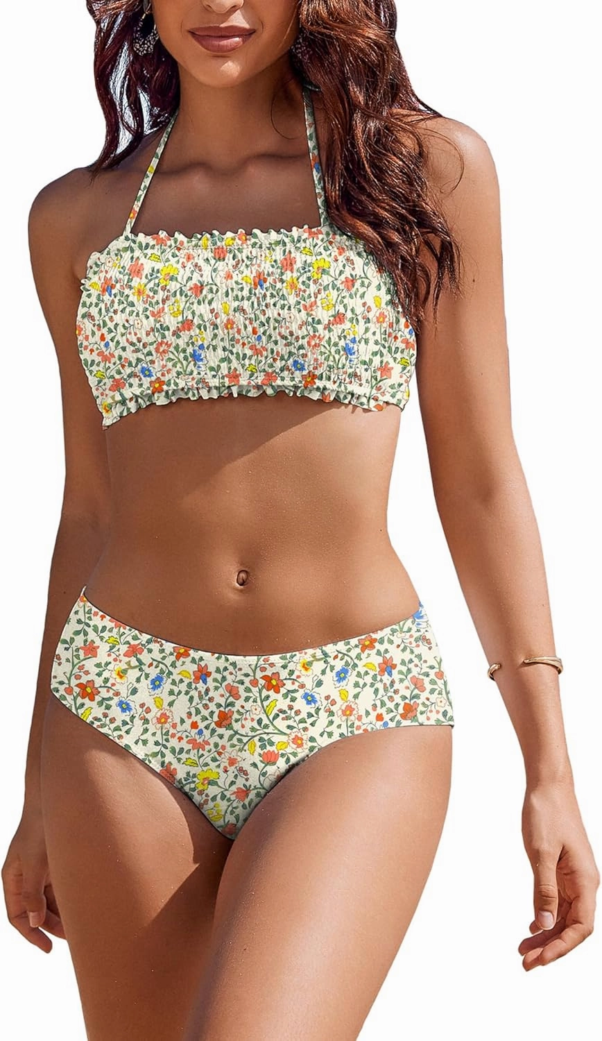 AI'MAGE Bikini Set for Women Two Piece Swimsuits 2024 Floral Bathing Suit Bandeau Swimswear with Removable Shoulder Straps
