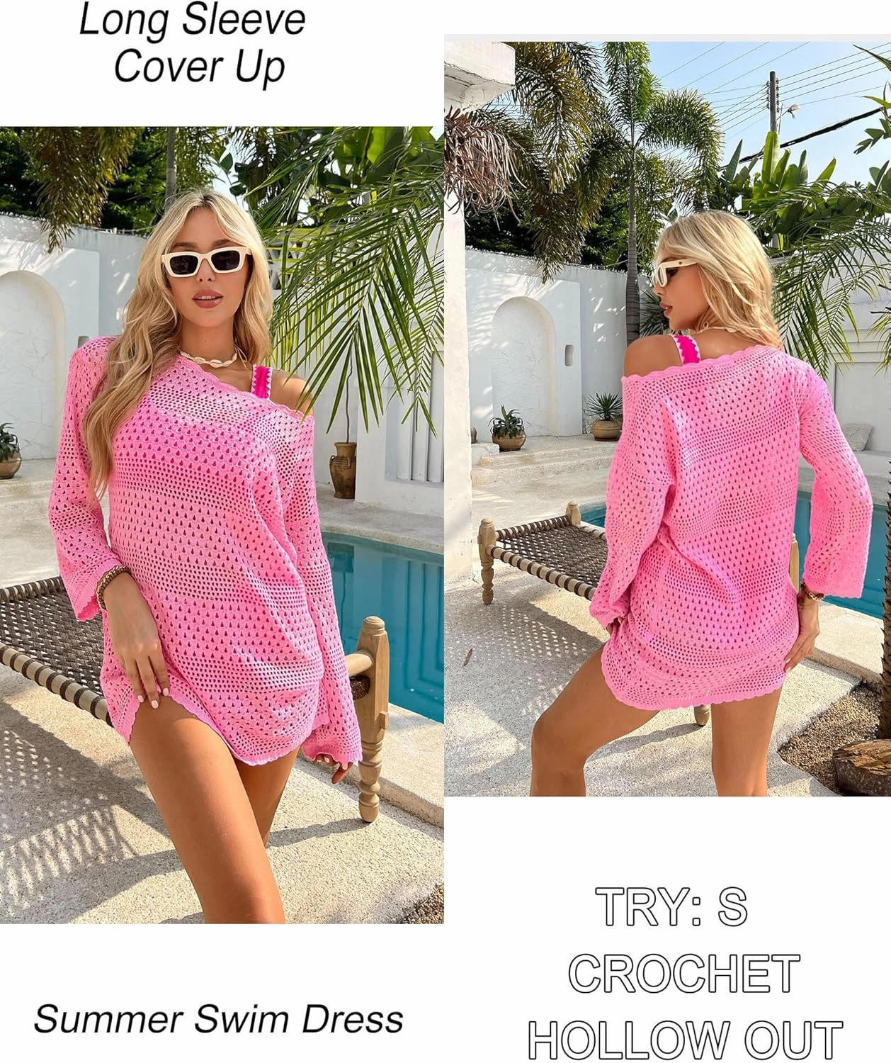 AI'MAGE Crochet Swim Cover Up Knitted Hollow Out Long Sleeve Swimsuit Coverup Womens Beach Cover Up