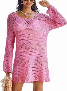AI'MAGE Crochet Swim Cover Up Knitted Hollow Out Long Sleeve Swimsuit Coverup Womens Beach Cover Up