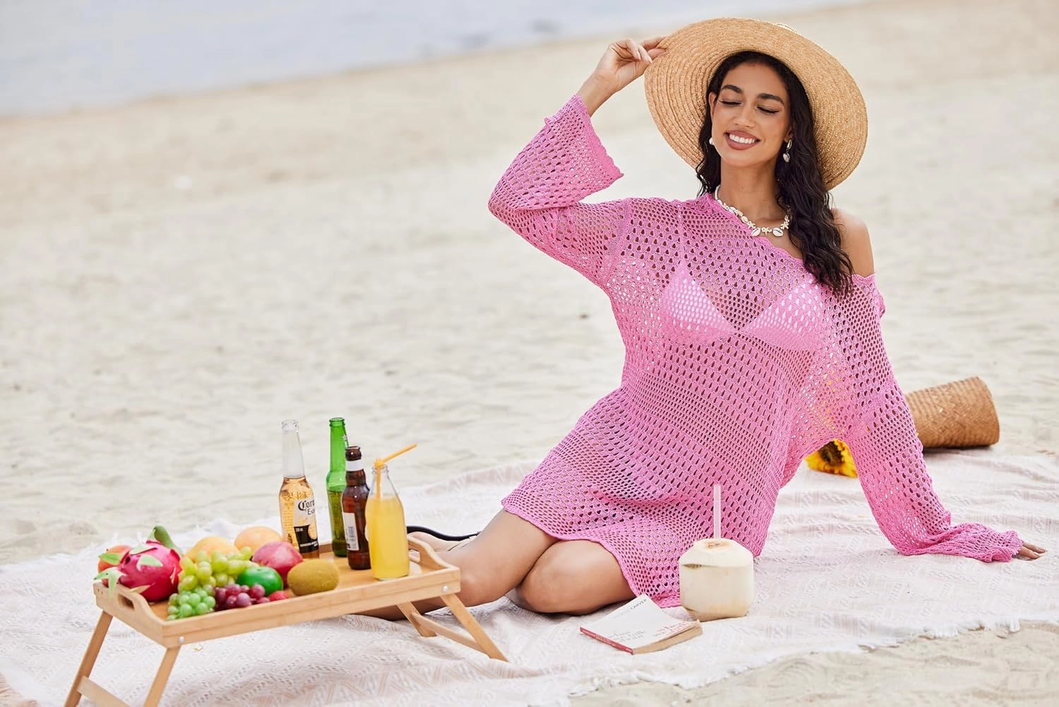 AI'MAGE Crochet Swim Cover Up Knitted Hollow Out Long Sleeve Swimsuit Coverup Womens Beach Cover Up