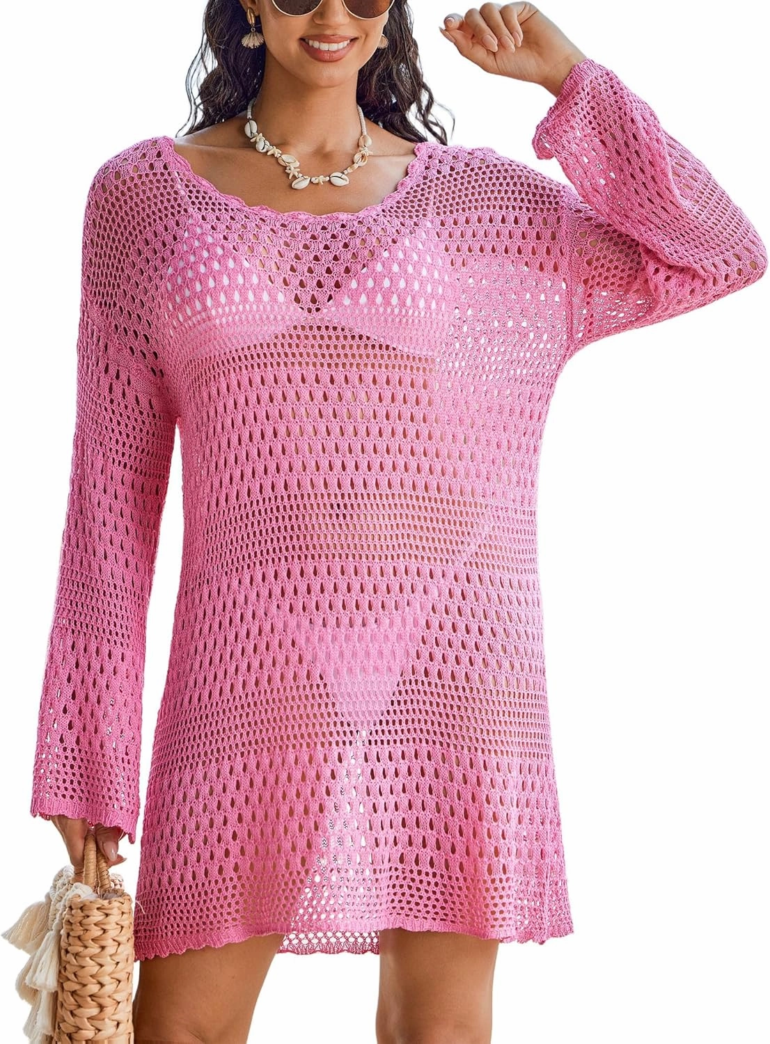 AI'MAGE Crochet Swim Cover Up Knitted Hollow Out Long Sleeve Swimsuit Coverup Womens Beach Cover Up