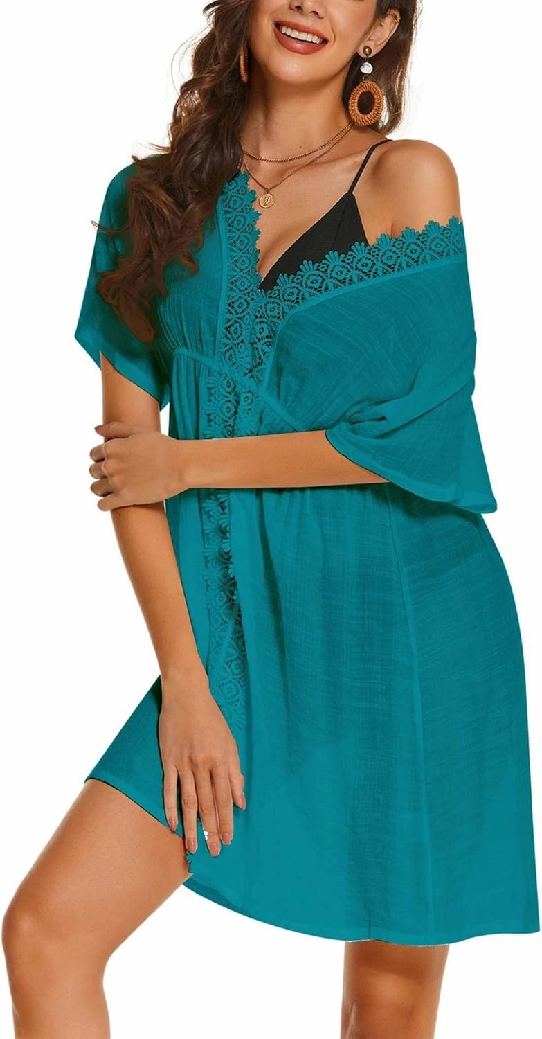 AI'MAGE Swimsuit Cover Ups Women's Bathing Suit V Neck Ruffle Sleeve Soft Coverups Dress S-XXL
