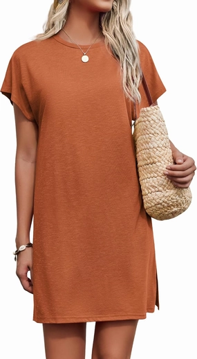 AI'MAGE Women's Coverups Short Sleeve T-Shirt Dress Casual Side Slit Loose Fit Knee Length Beach Mini Dress S-XXL