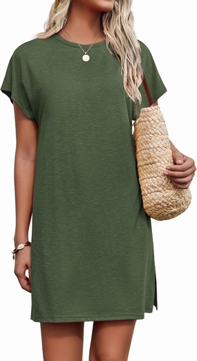 AI'MAGE Women's Coverups Short Sleeve T-Shirt Dress Casual Side Slit Loose Fit Knee Length Beach Mini Dress S-XXL