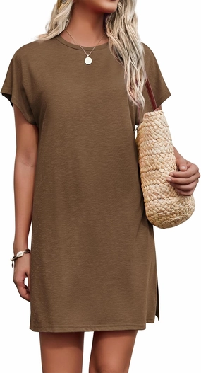 AI'MAGE Women's Coverups Short Sleeve T-Shirt Dress Casual Side Slit Loose Fit Knee Length Beach Mini Dress S-XXL