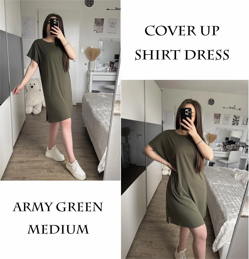 AI'MAGE Women's Coverups Short Sleeve T-Shirt Dress Casual Side Slit Loose Fit Knee Length Beach Mini Dress S-XXL