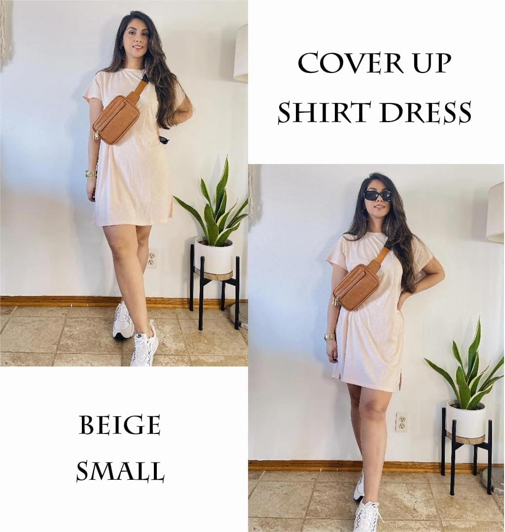 AI'MAGE Women's Coverups Short Sleeve T-Shirt Dress Casual Side Slit Loose Fit Knee Length Beach Mini Dress S-XXL