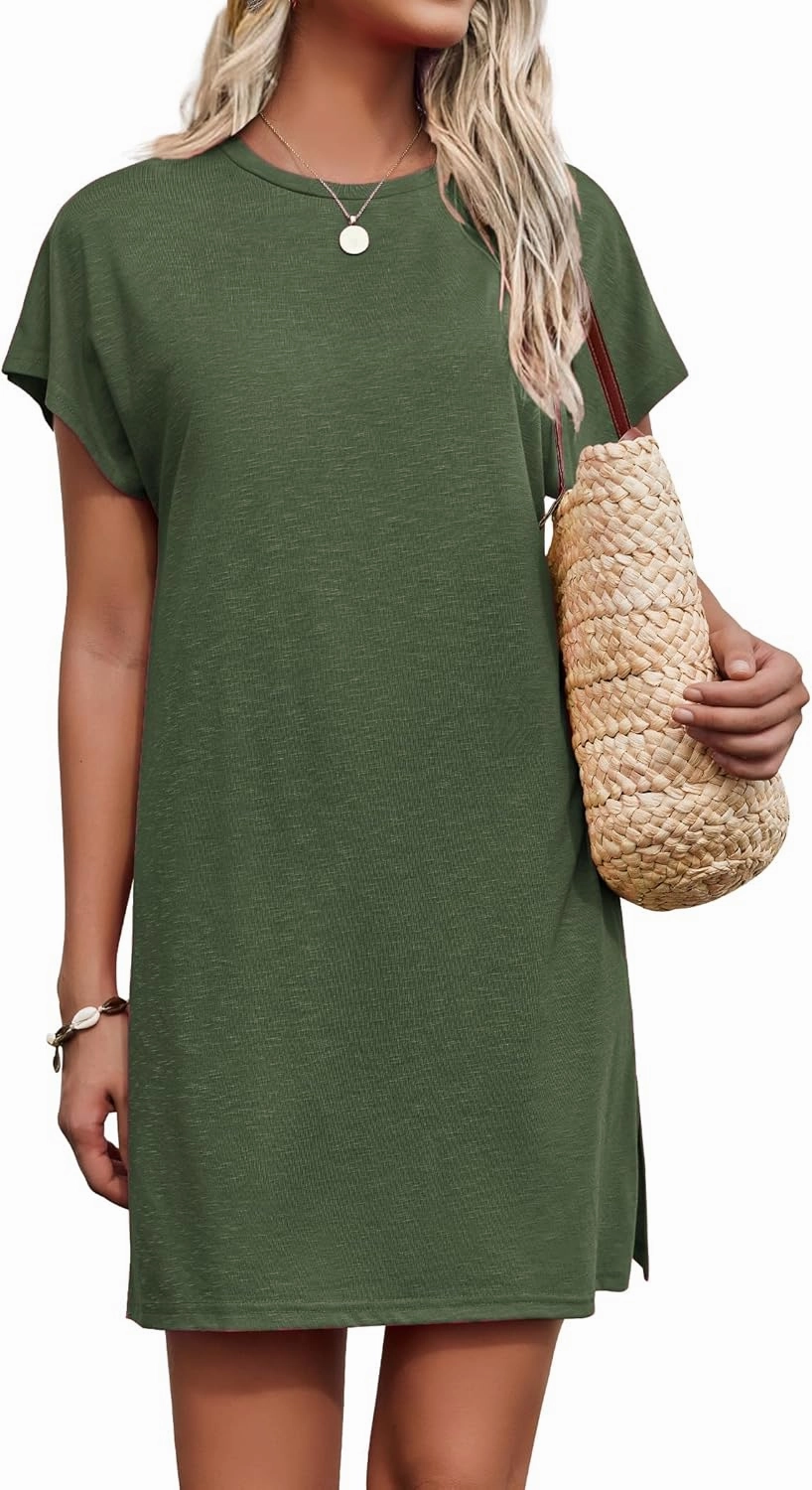 AI'MAGE Women's Coverups Short Sleeve T-Shirt Dress Casual Side Slit Loose Fit Knee Length Beach Mini Dress S-XXL