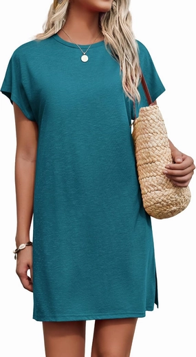 AI'MAGE Women's Coverups Short Sleeve T-Shirt Dress Casual Side Slit Loose Fit Knee Length Beach Mini Dress S-XXL