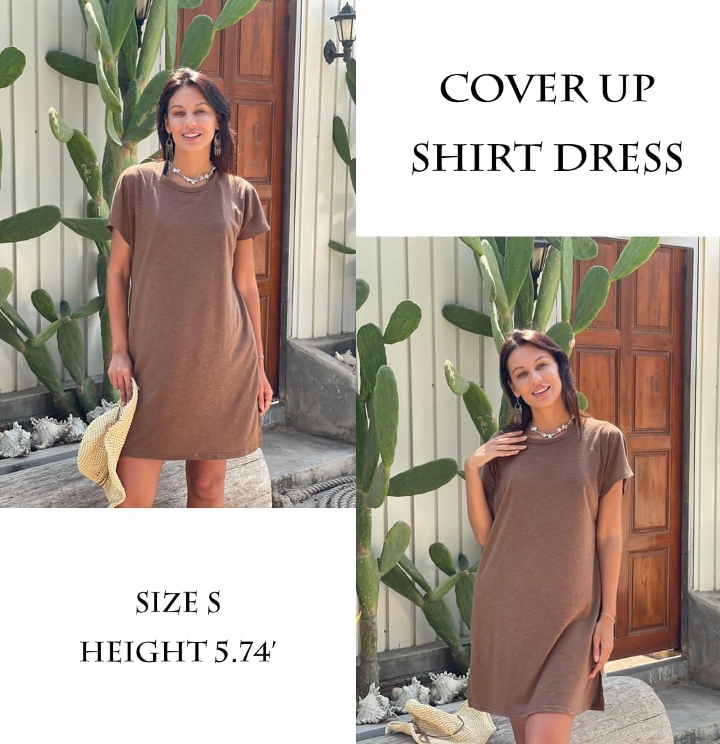 AI'MAGE Women's Coverups Short Sleeve T-Shirt Dress Casual Side Slit Loose Fit Knee Length Beach Mini Dress S-XXL