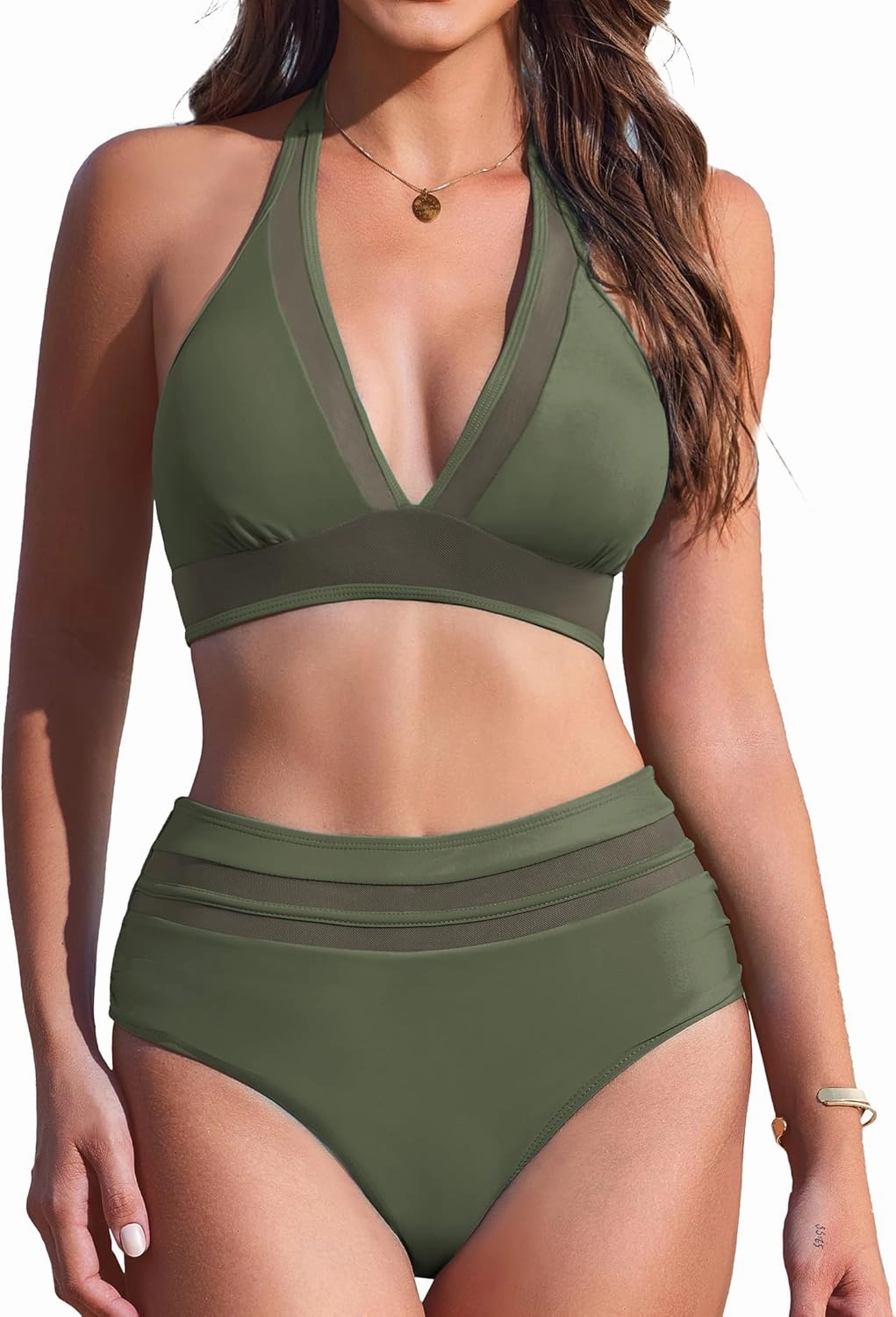 AI'MAGE Women's High Waisted Bikini Set Mesh Tummy Control Bathing Suits 2 Piece Halter V Neck Swimsuits for Women 2025