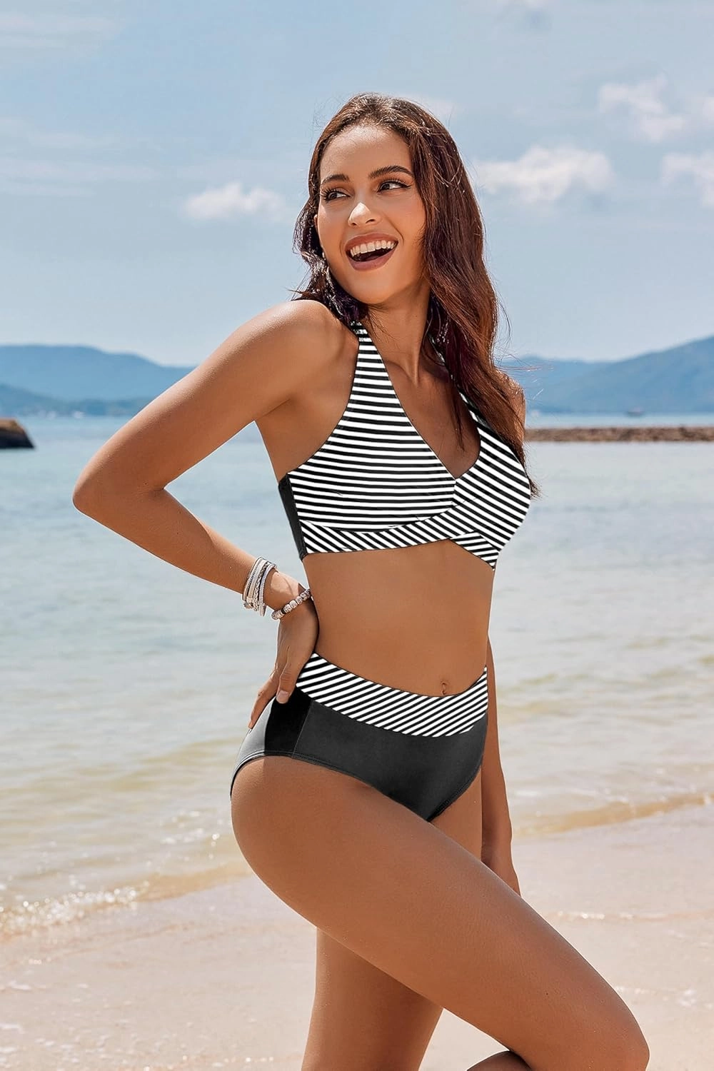 AI'MAGE Women's High Waisted Bikini Sets Tummy Control Swimsuits 2025 Two Piece Bathing Suits Color Block Halter Swim Suits