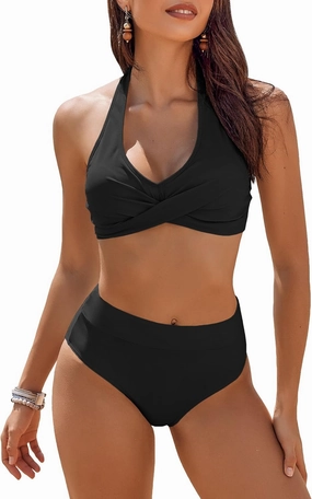 AI'MAGE Women's High Waisted Bikini Sets Tummy Control Swimsuits 2025 Two Piece Bathing Suits Color Block Halter Swim Suits