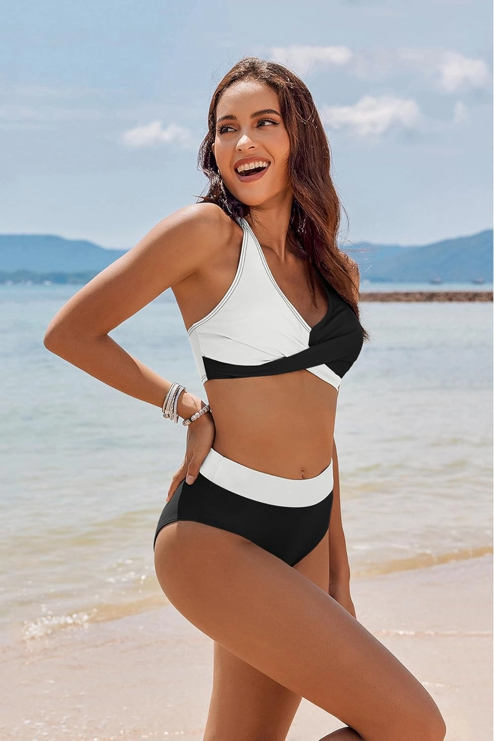 AI'MAGE Women's High Waisted Bikini Sets Tummy Control Swimsuits 2025 Two Piece Bathing Suits Color Block Halter Swim Suits