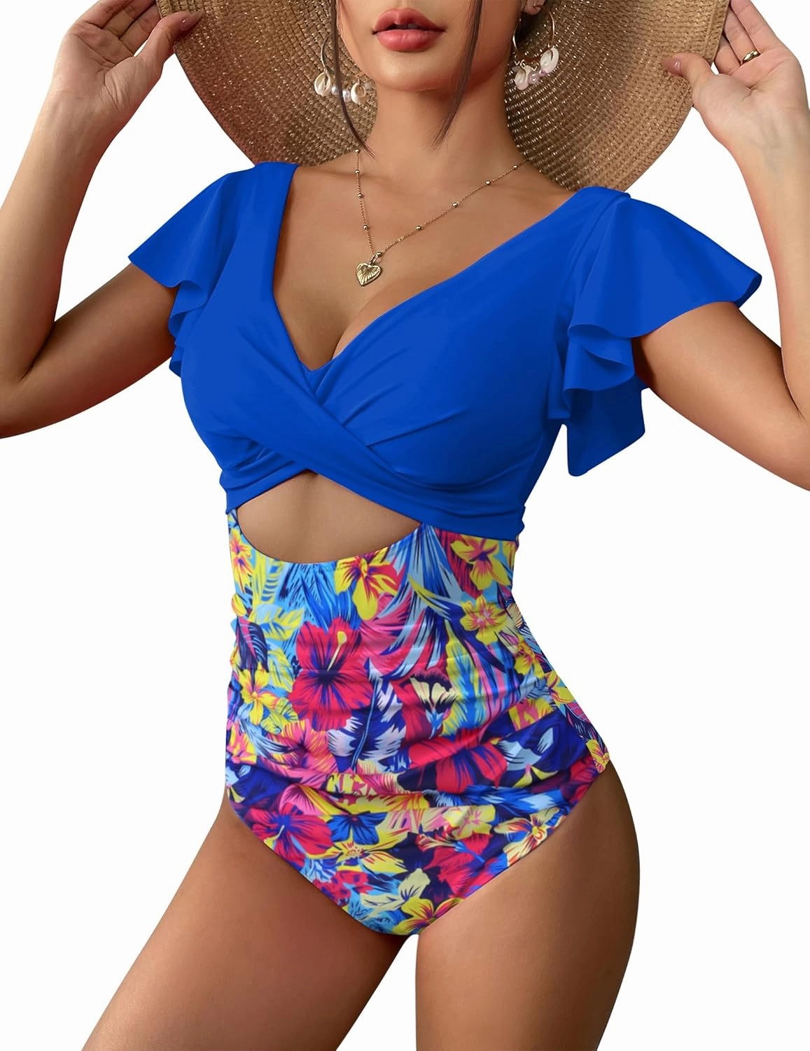 AI'MAGE Women's Ruffle One Piece Swimsuit V Neck Tummy Control Bathing Suits Cutout Backless Swimwear