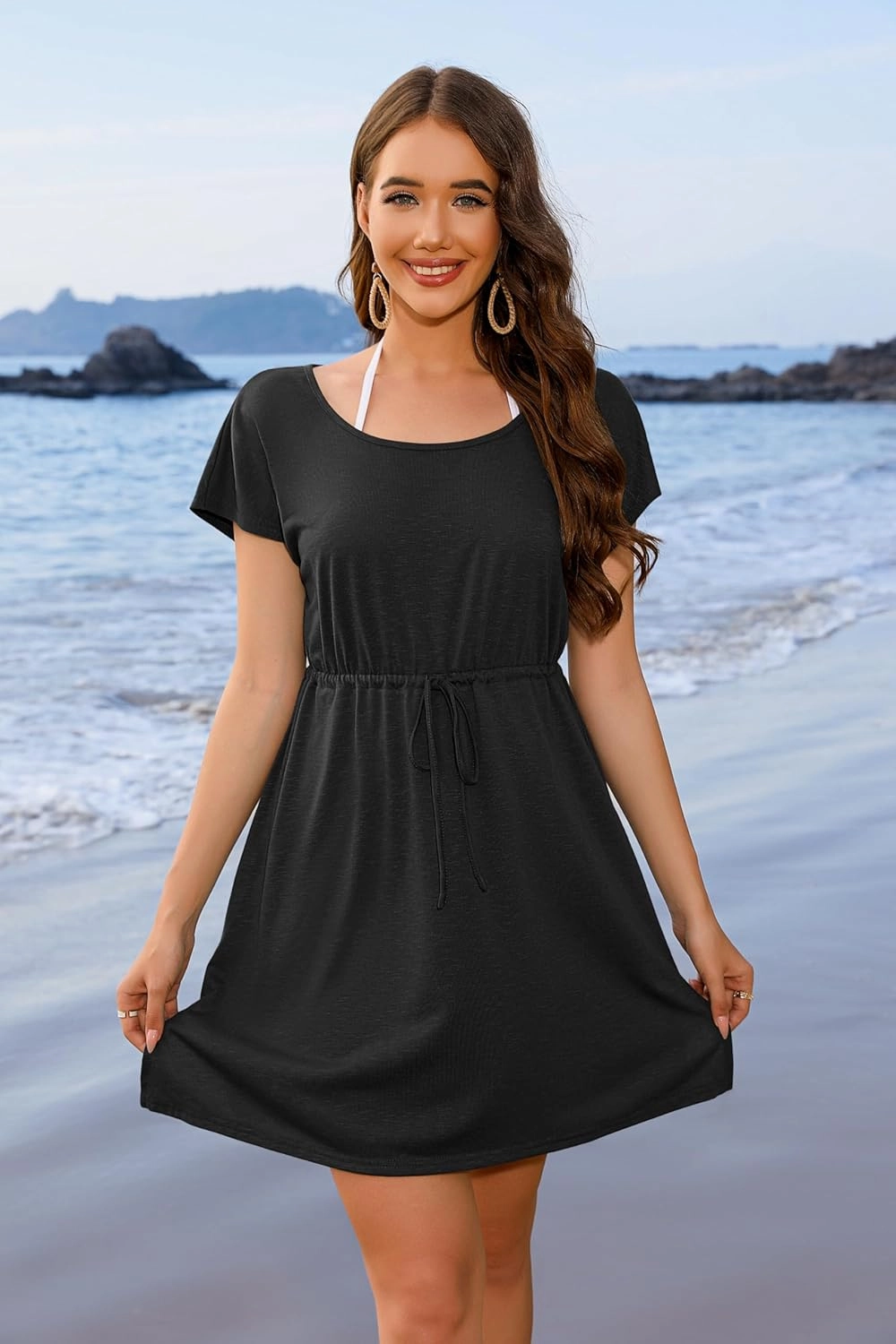 AI'MAGE Women's Swimsuit Beach Cover Up Short Sleeve Cover Ups for Swimwear Loose Beach Dress Tunic Top S-XXL
