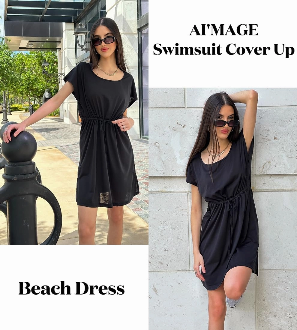 AI'MAGE Women's Swimsuit Beach Cover Up Short Sleeve Cover Ups for Swimwear Loose Beach Dress Tunic Top S-XXL