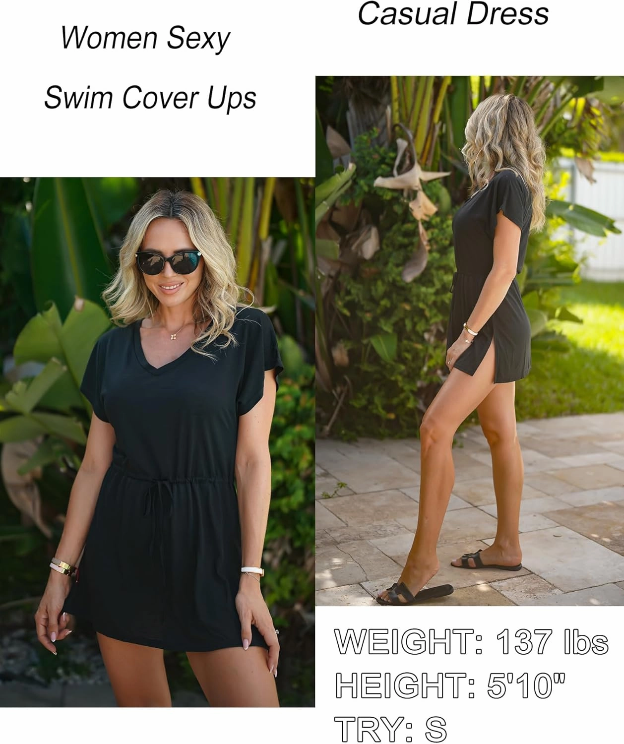 AI'MAGE Women's Swimsuit Cover Up Split Hem Beach Bathing Suit Coverups Dress V-Neck Swimwear with Drawstring