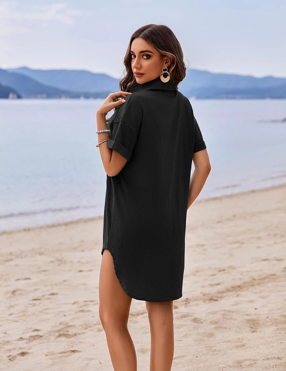 AI'MAGE Women's Swimsuit Coverup V Neck Bathing Suit Cover Up Shirt Short Sleeves Beach Bikini Swimwear Dress S-3XL