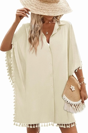 AI'MAGE Women's Swimwear Cover Ups 3/4 Sleeve Beach Coverup with Tassel Button Down Oversized Swimsuit Cover Up Shirt S-3XL