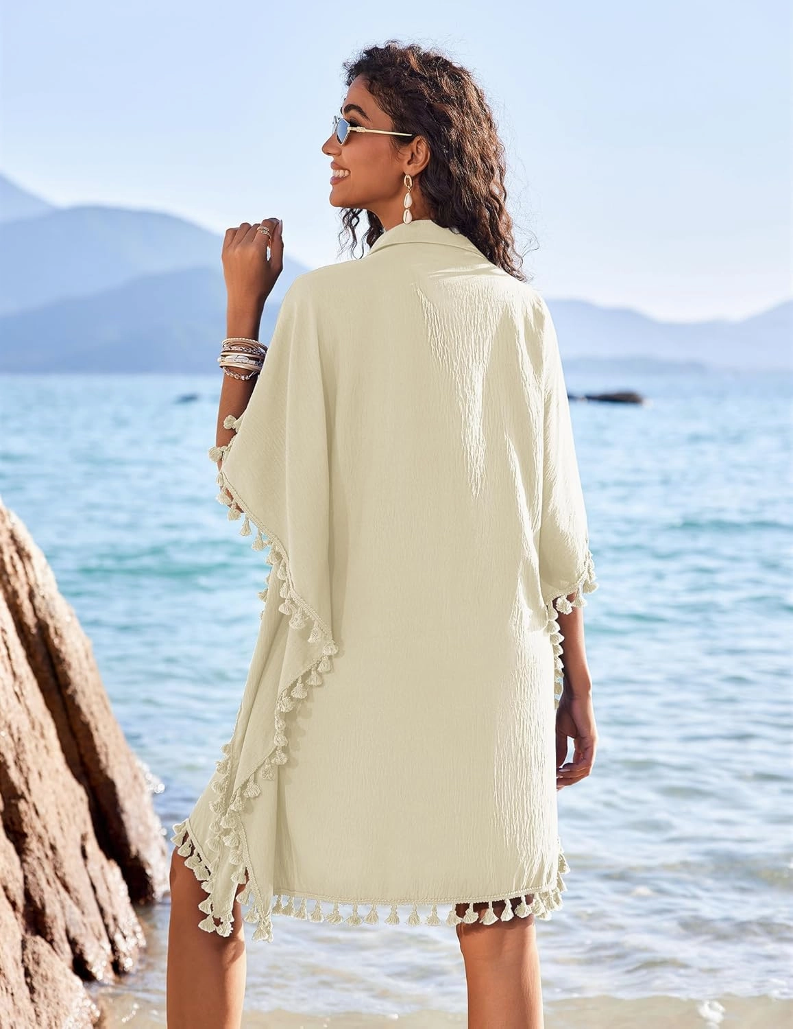 AI'MAGE Women's Swimwear Cover Ups 3/4 Sleeve Beach Coverup with Tassel Button Down Oversized Swimsuit Cover Up Shirt S-3XL