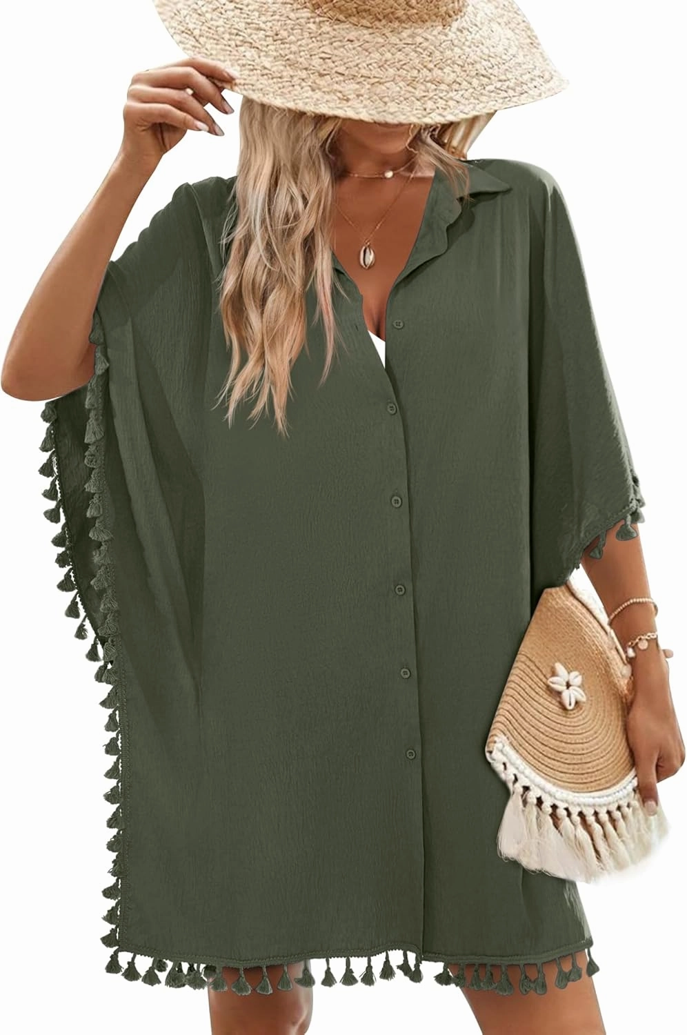 AI'MAGE Women's Swimwear Cover Ups 3/4 Sleeve Beach Coverup with Tassel Button Down Oversized Swimsuit Cover Up Shirt S-3XL