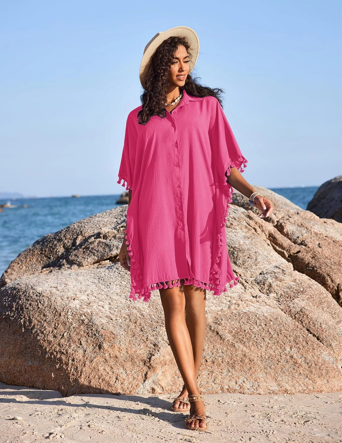 AI'MAGE Women's Swimwear Cover Ups 3/4 Sleeve Beach Coverup with Tassel Button Down Oversized Swimsuit Cover Up Shirt S-3XL