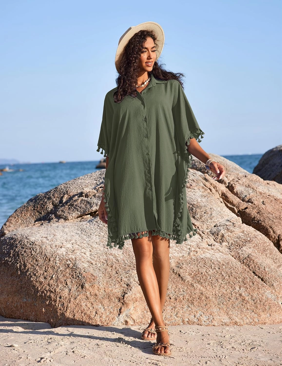 AI'MAGE Women's Swimwear Cover Ups 3/4 Sleeve Beach Coverup with Tassel Button Down Oversized Swimsuit Cover Up Shirt S-3XL