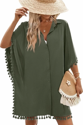 AI'MAGE Women's Swimwear Cover Ups 3/4 Sleeve Beach Coverup with Tassel Button Down Oversized Swimsuit Cover Up Shirt S-3XL