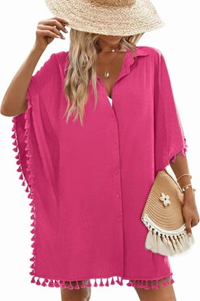 AI'MAGE Women's Swimwear Cover Ups 3/4 Sleeve Beach Coverup with Tassel Button Down Oversized Swimsuit Cover Up Shirt S-3XL