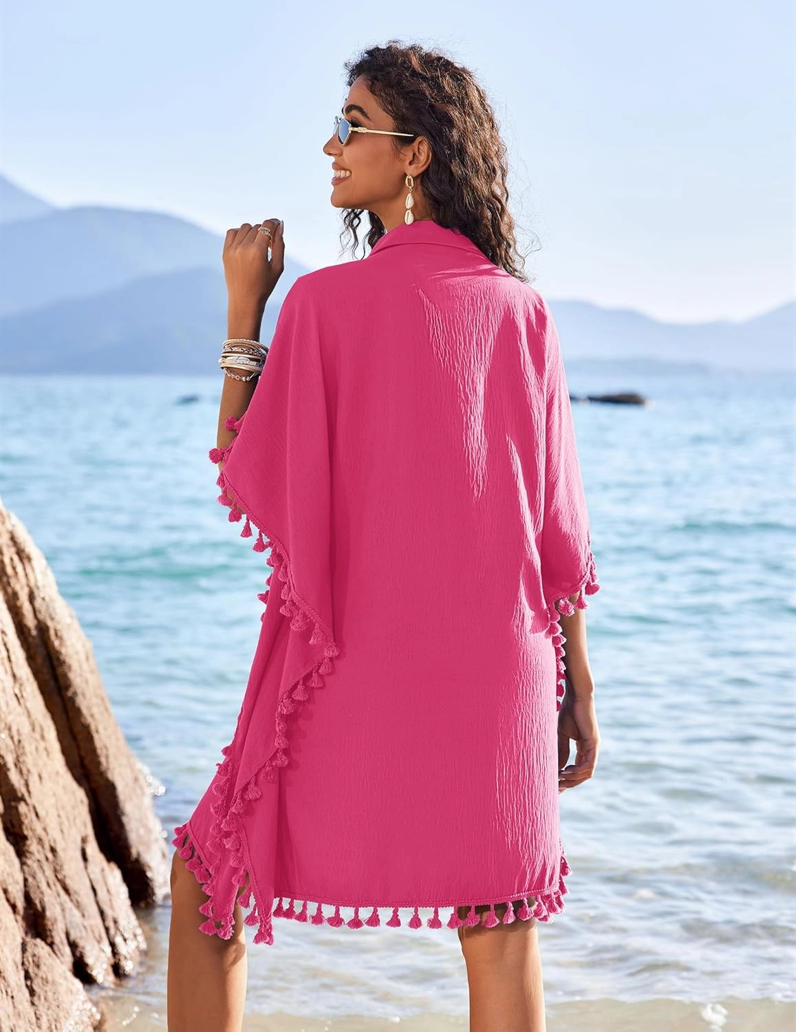 AI'MAGE Women's Swimwear Cover Ups 3/4 Sleeve Beach Coverup with Tassel Button Down Oversized Swimsuit Cover Up Shirt S-3XL