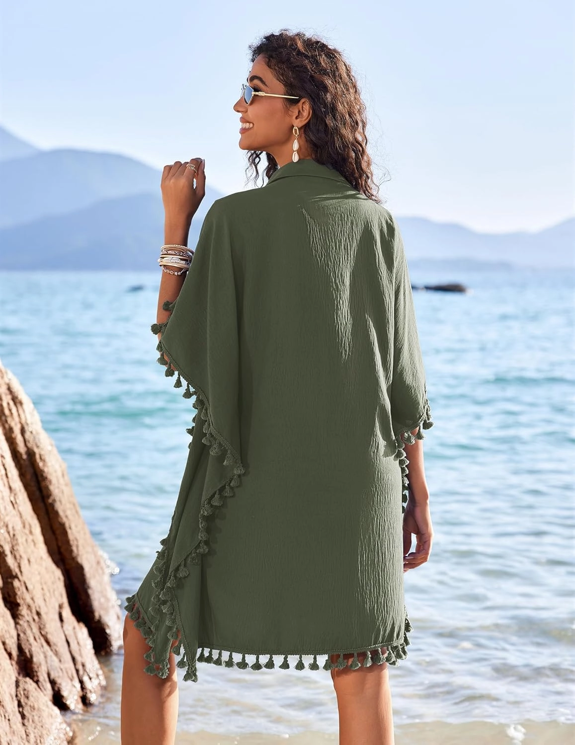 AI'MAGE Women's Swimwear Cover Ups 3/4 Sleeve Beach Coverup with Tassel Button Down Oversized Swimsuit Cover Up Shirt S-3XL