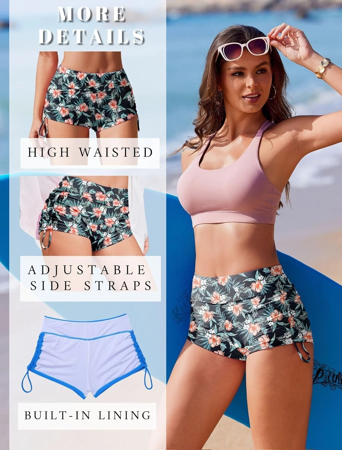 AI'MAGE Womens 3" Swim Board Shorts High Waisted Bathing Suit Bottoms Boy Shorts Adjustable Ruched Side Bikini Shorts S-XXL