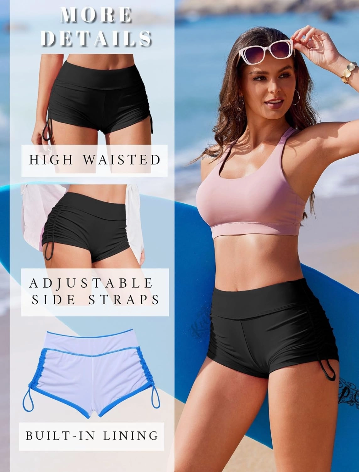 AI'MAGE Womens 3" Swim Board Shorts High Waisted Bathing Suit Bottoms Boy Shorts Adjustable Ruched Side Bikini Shorts S-XXL
