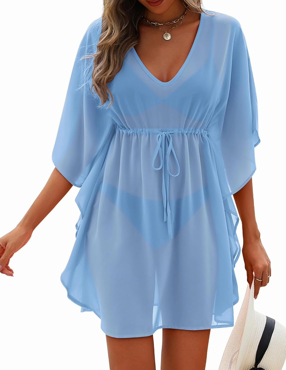 AI'MAGE Womens Beach Swimsuit Coverup Sexy Sheer Bathing Suit Cover Up Dress Swimwear Tie Waist Chiffon Beachwear