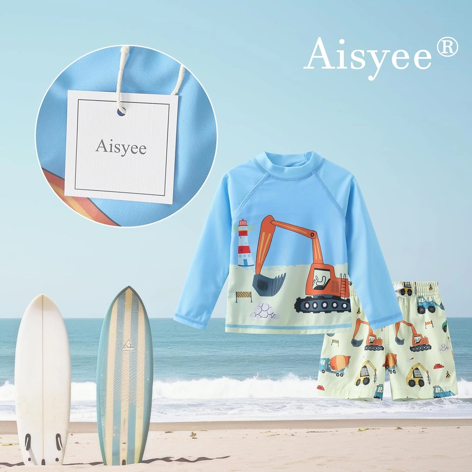 Aisyee Toddler Baby Boys Rash Guard Set for Kids Boys Swim Set with Swim Trunks Long Sleeve Bathing Suits