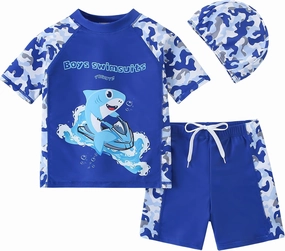 AIWUHE Toddler Boys Swimsuit Set Rash Guard Boys' Swimwear Two Piece Bathing Suit and Swim Trunk with Hat UPF 50  3-8Y